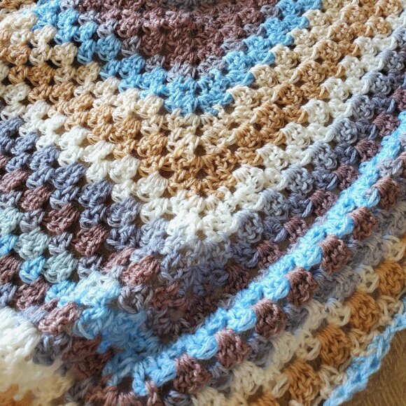 Crochet BABY BLANKET AFGHAN Lap Granny Square 30"x 30" Blue Beige Gray Brown New - Picture 1 of 6